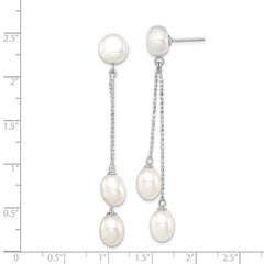 Sterling Silver Rhodium-plated 6-9mm White Rice and Button Freshwater Cultured 3-Pearl Post Dangle Earrings