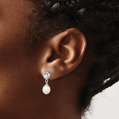 Sterling Silver Rhodium-plated 7-8mm White Rice Freshwater Cultured Pearl and CZ Post Dangle Earrings - 6