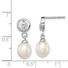 Sterling Silver Rhodium-plated 7-8mm White Rice Freshwater Cultured Pearl and CZ Post Dangle Earrings - 6