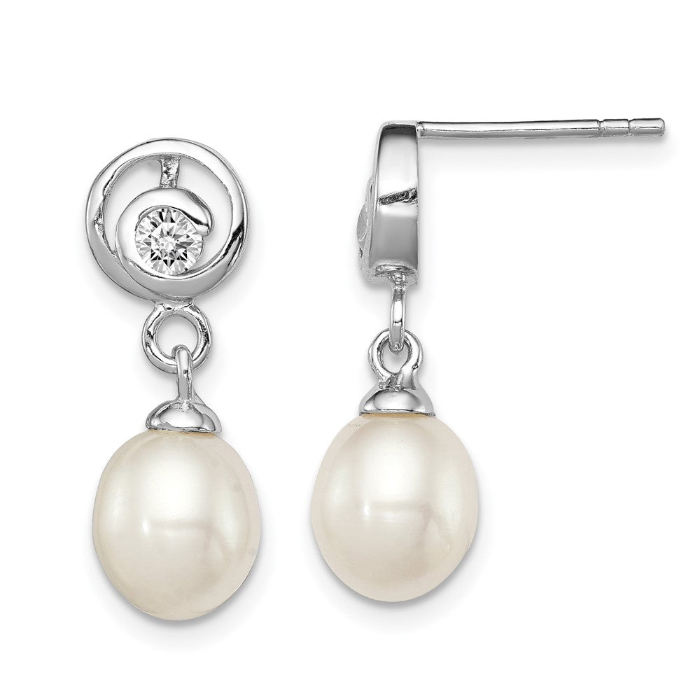 Sterling Silver Rhodium-plated 7-8mm White Rice Freshwater Cultured Pearl and CZ Post Dangle Earrings - 6