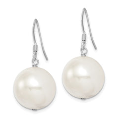 Sterling Silver Rhodium-plated 14-15mm White Round Shell Pearl Dangle Earrings