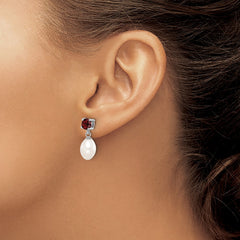 Sterling Silver Rhodium-plated 7-8mm White Teardrop Freshwater Cultured Pearl and 1.26GA Garnet Post Dangle Earrings