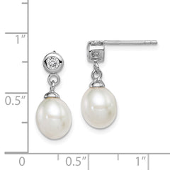 Sterling Silver Rhodium-plated 7-8mm White Rice Freshwater Cultured Pearl and CZ Post Dangle Earrings - 7