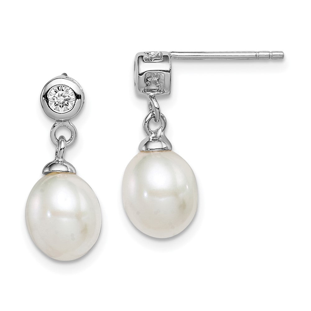 Sterling Silver Rhodium-plated 7-8mm White Rice Freshwater Cultured Pearl and CZ Post Dangle Earrings - 7
