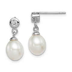 Sterling Silver Rhodium-plated 7-8mm White Rice Freshwater Cultured Pearl and CZ Post Dangle Earrings - 7
