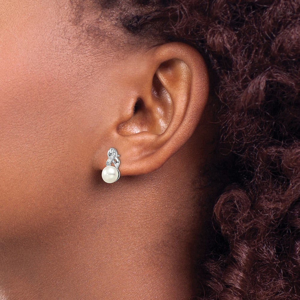 Sterling Silver Rhodium-plated 6-7mm White Button Freshwater Cultured Pearl and CZ Post Earrings - 2