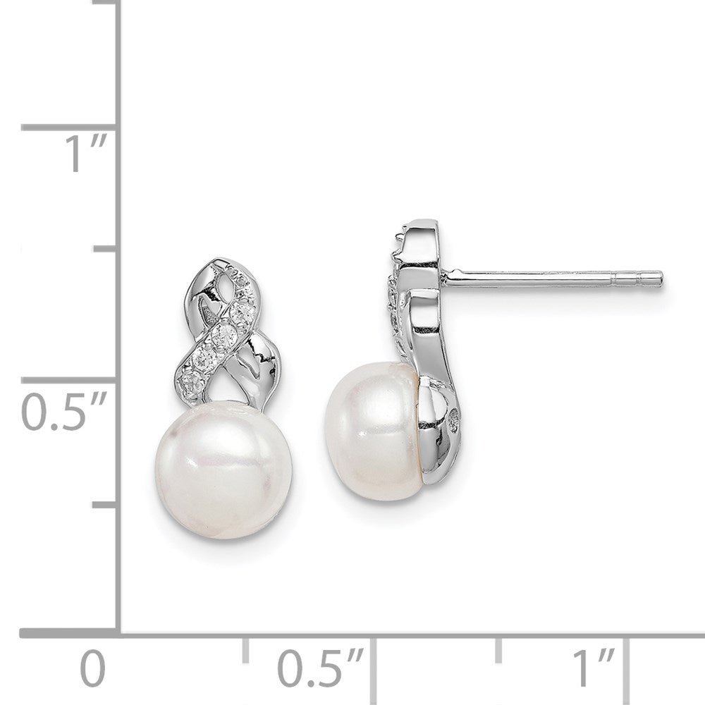Sterling Silver Rhodium-plated 6-7mm White Button Freshwater Cultured Pearl and CZ Post Earrings - 2