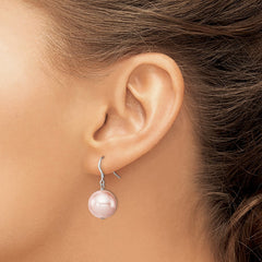 Sterling Silver Rhodium-plated 14-15mm Pink Round Shell Pearl Dangle Earrings