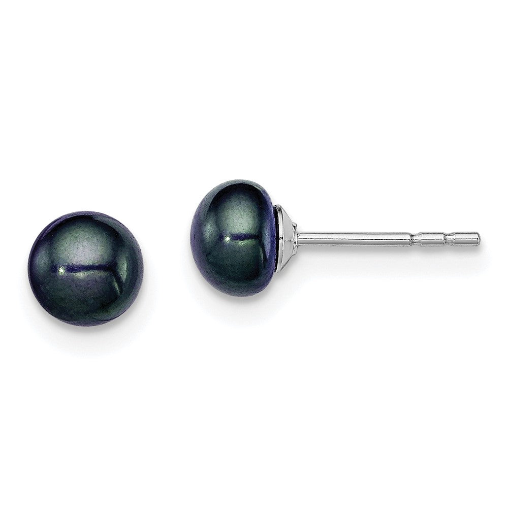 Sterling Silver Rhodium-plated 5-6mm Black Button Freshwater Cultured Pearl Post Earrings