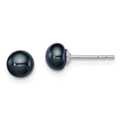 Sterling Silver Rhodium-plated 5-6mm Black Button Freshwater Cultured Pearl Post Earrings