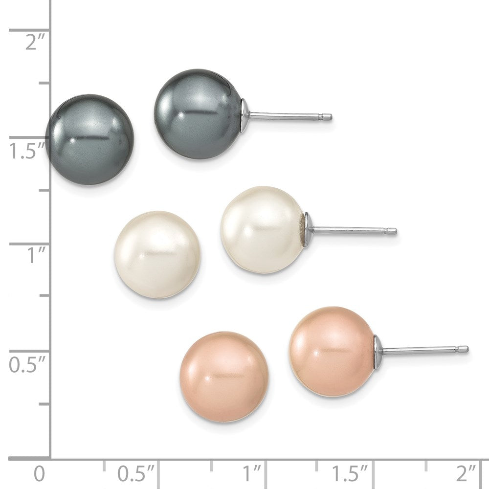 Sterling Silver Rhodium-plated 10-11mm Black, White and Pink Round Imitation Shell Pearl Set of 3 Post Earrings