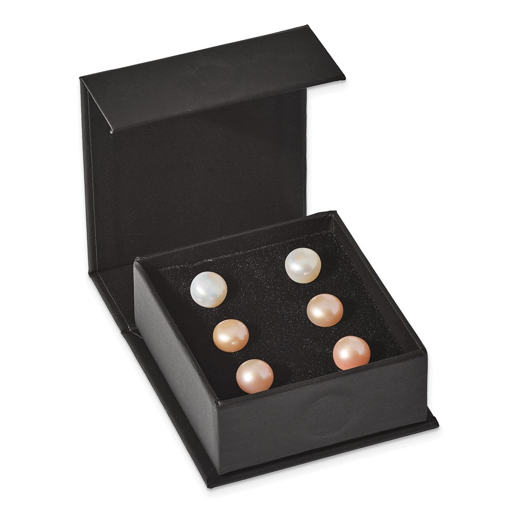 Sterling Silver Rhodium-plated 8-9mm White, Pink and Purple Button Freshwater Cultured Pearl Set of 3 Post Earrings