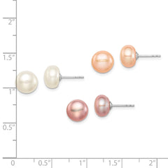 Sterling Silver Rhodium-plated 8-9mm White, Pink and Purple Button Freshwater Cultured Pearl Set of 3 Post Earrings