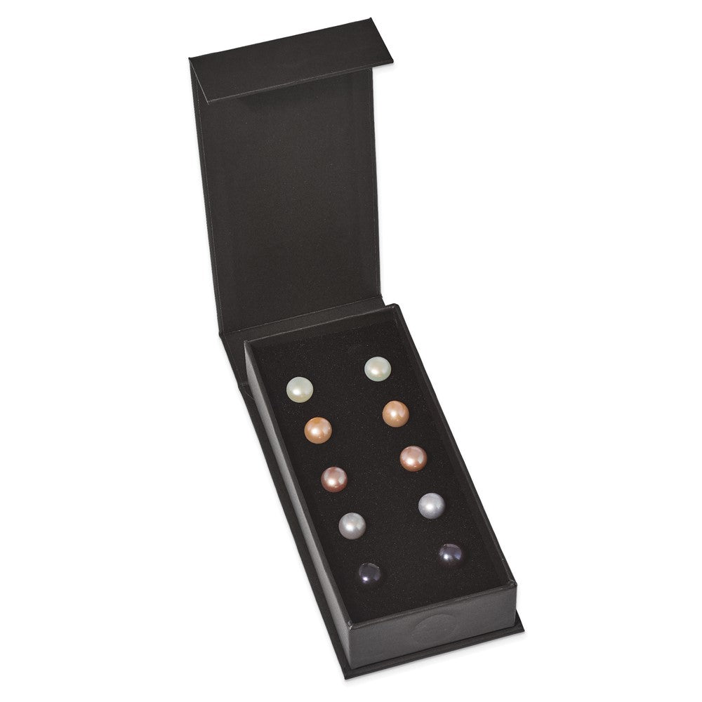Sterling Silver Rhodium-plated 8-9mm Pink, White, Purple, Grey and Black Button Freshwater Cultured Pearl Set of 5 Post Earrings