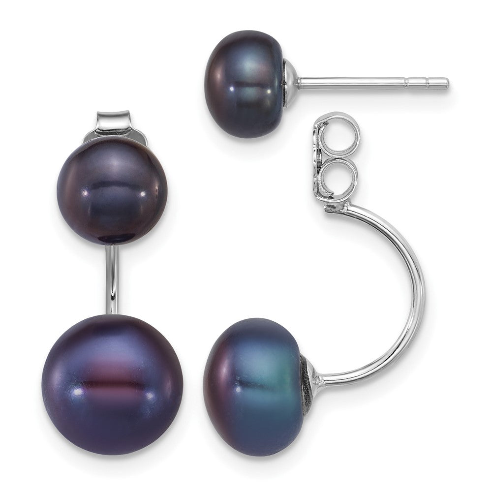 Sterling Silver Rhodium-plated 5-6mm and 8-9mm Black Button Freshwater Cultured Pearl Front and Back Post Dangle Earrings