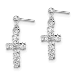 Sterling Silver Rhodium-plated Polished CZ Cross Post Dangle Earrings - 2