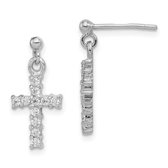 Sterling Silver Rhodium-plated Polished CZ Cross Post Dangle Earrings - 2