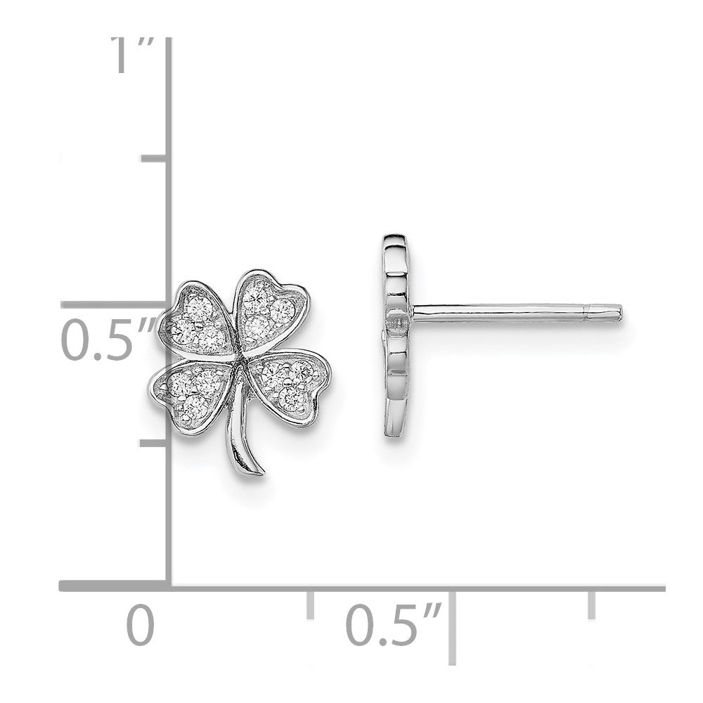 Sterling Silver Rhodium-plated Polished CZ 4 Leaf Clover Post Earrings - 2