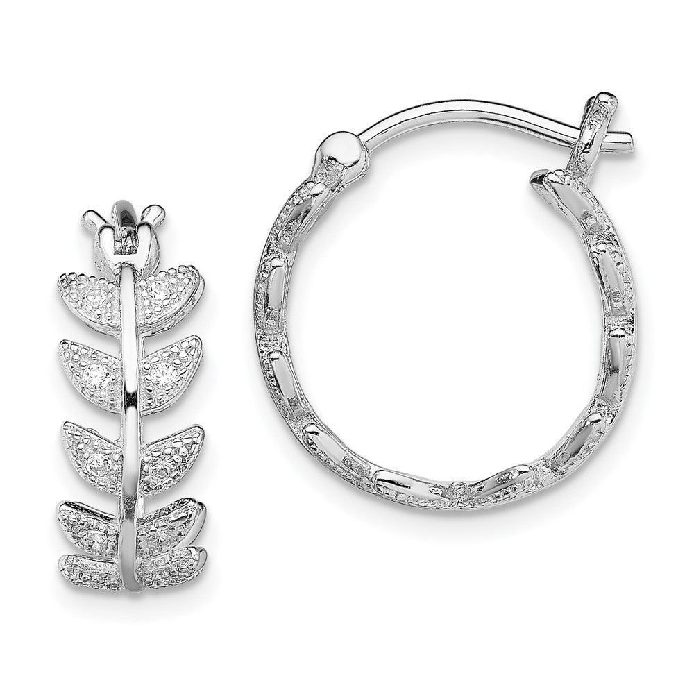 Sterling Silver Rhodium-plated Micro Pavâ CZ Leaf Hoops