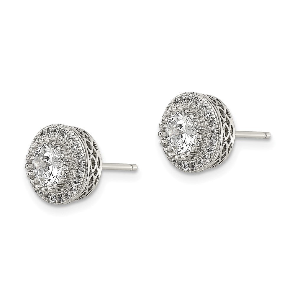 Sterling Silver Rhod-plated Polished Pavâ CZ Halo Round Post Earrings