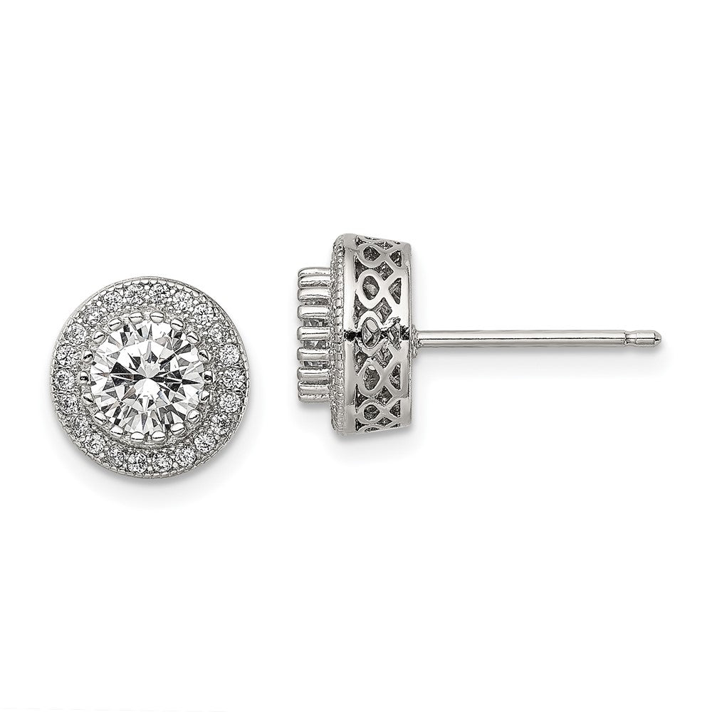 Sterling Silver Rhod-plated Polished Pavâ CZ Halo Round Post Earrings