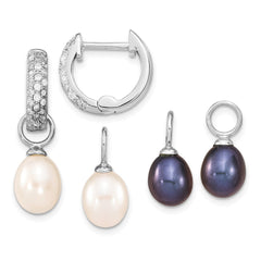 Sterling Silver Rhodium-plated 7-8mm Black and White Rice Freshwater Cultured Pearl and CZ Interchangeable Post Earrings Set