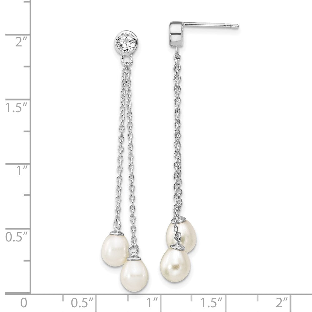 Sterling Silver Rhodium-plated 6-7mm White Rice Freshwater Cultured Pearl and CZ Post Dangle Earrings