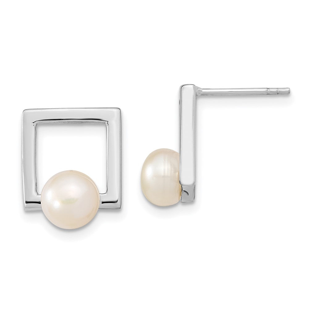 Sterling Silver Rhodium-plated 6-7mm White Button Freshwater Cultured Pearl Square Post Earrings - 2