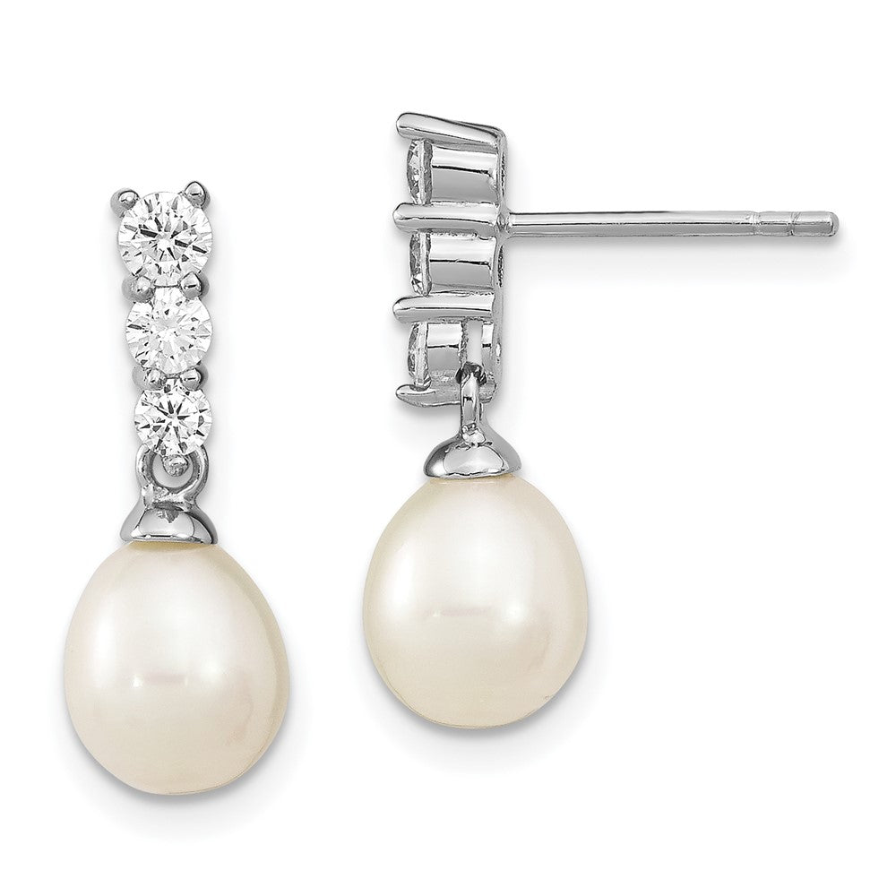 Sterling Silver Rhodium-plated 7-8mm White Rice Freshwater Cultured Pearl and CZ Post Dangle Earrings - 8