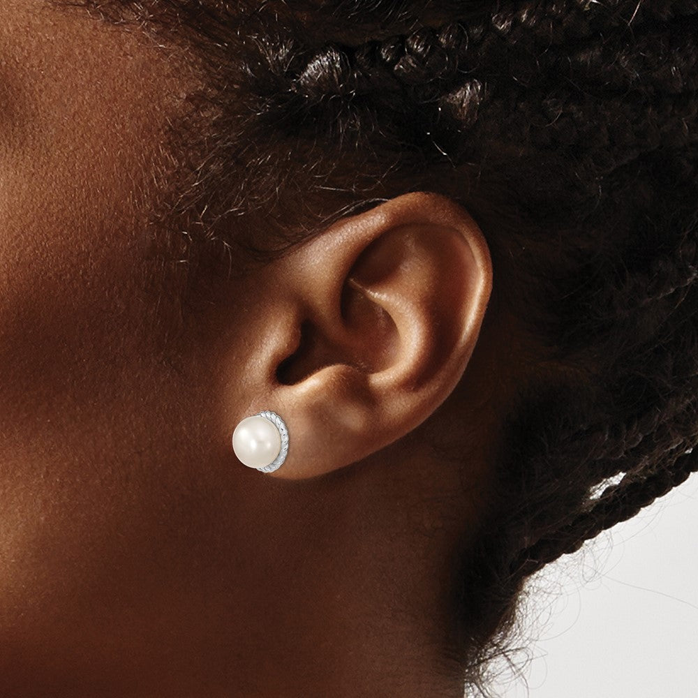 Sterling Silver Rhodium-plated 8-9mm White Button Freshwater Cultured Pearl Post Earrings