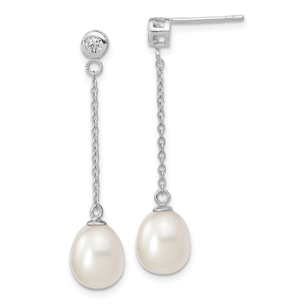 Sterling Silver Rhodium-plated 8-9mm White Rice Freshwater Cultured Pearl and CZ Post Dangle Earrings - 2