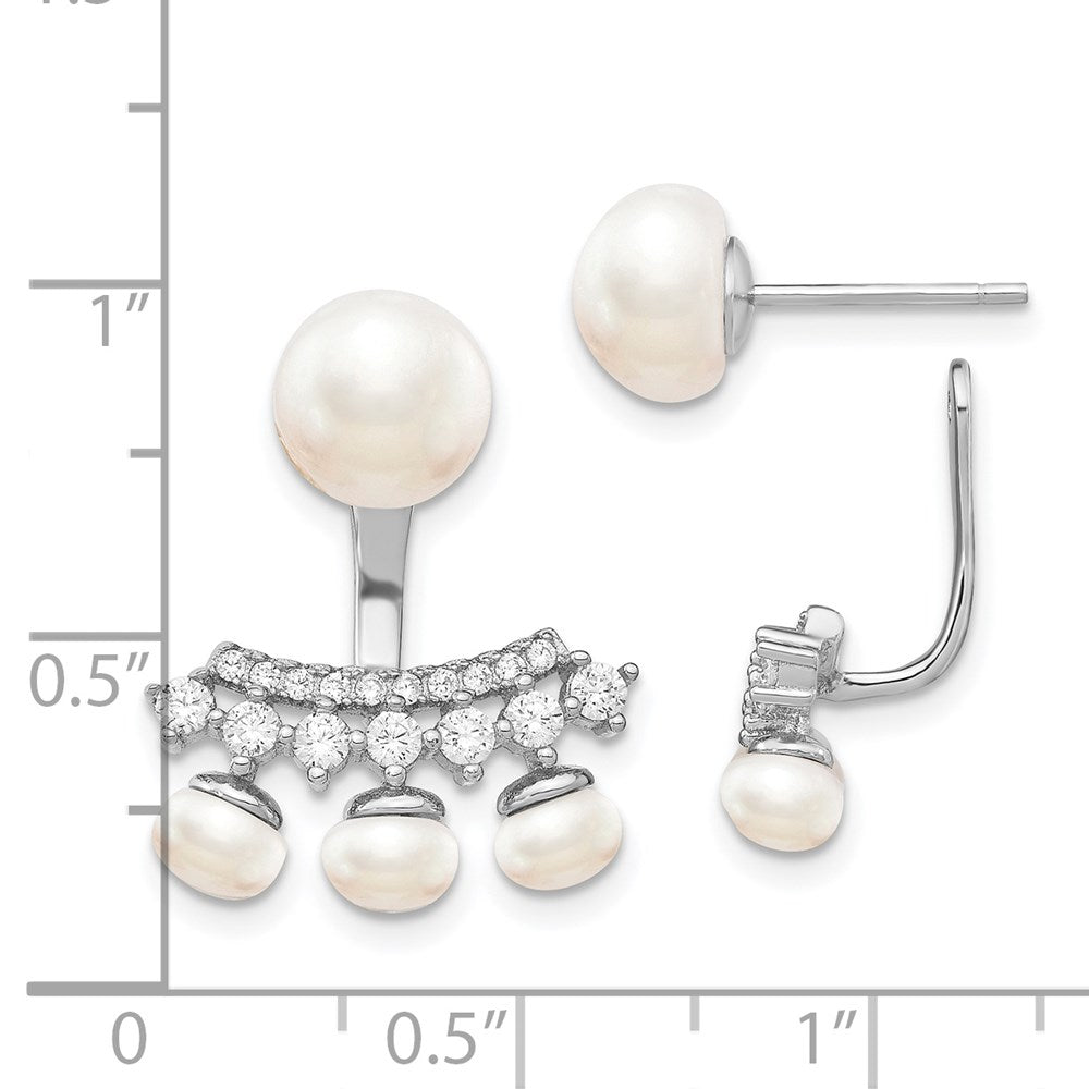 Sterling Silver Rhodium-plated 5-8mm White Button Freshwater Cultured Pearl and CZ Post Earrings with Earring Jackets