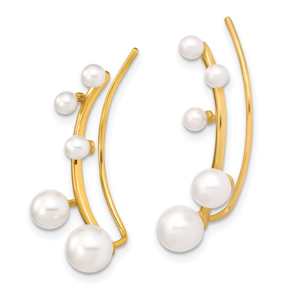 Sterling Silver Gold-tone Flash Gold-plated 3-6mm White Round Freshwater Cultured Pearl Ear Climber Earrings