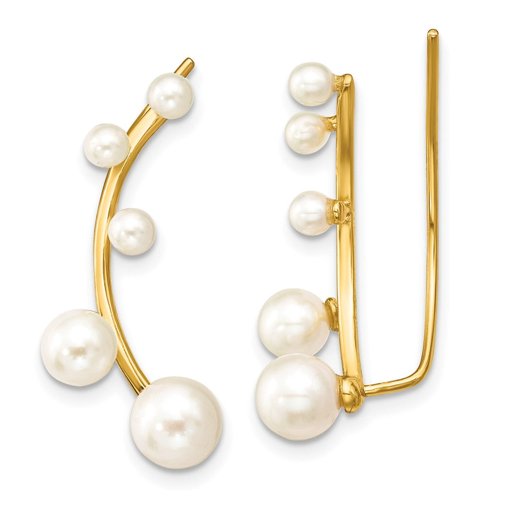 Sterling Silver Gold-tone Flash Gold-plated 3-6mm White Round Freshwater Cultured Pearl Ear Climber Earrings