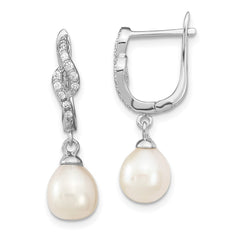Sterling Silver Rhodium-plated 7-8mm White Teardrop Freshwater Cultured Pearl and CZ Dangle Leverback Earrings - 2