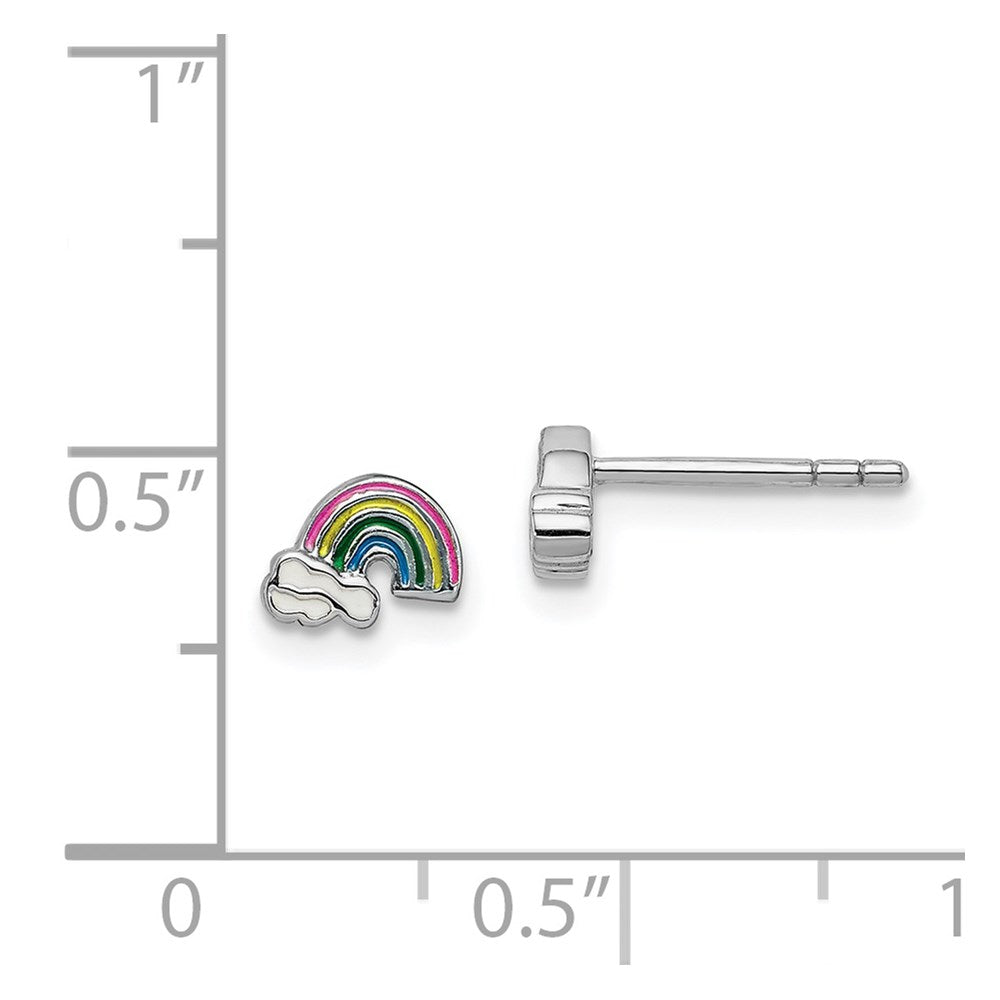 Sterling Silver Rhodium-plated Polished & Multi-color Enameled Rainbow & Clouds Children's Post Earrings