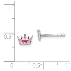 Sterling Silver Rhodium-plated Polished & Pink Enameled Heart Crown Children's Post Earrings