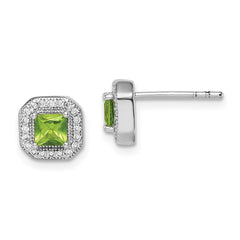Sterling Silver Rhodium Plated Square Green and Clear CZ Post Earrings - 2