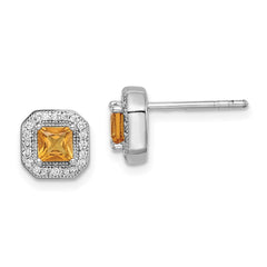 Sterling Silver Rhodium Plated Square Dark Yellow and Clear CZ Post Earrings