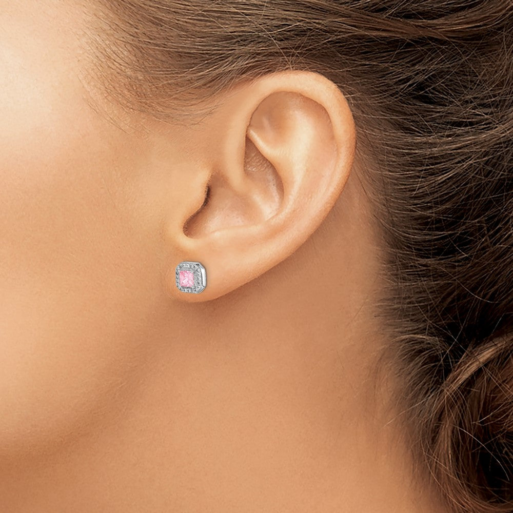 Sterling Silver Rhodium Plated Square Pink CZ and Clear CZ Post Earrings