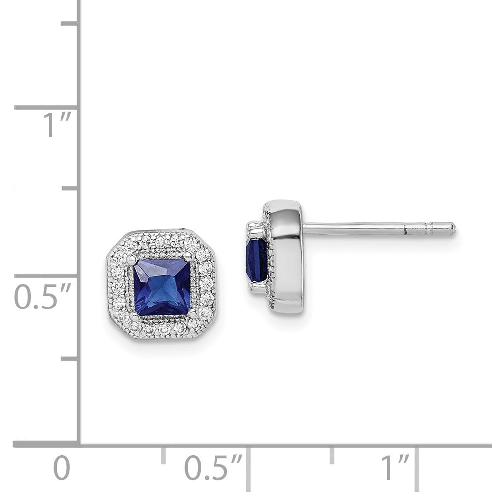Sterling Silver Rhodium Plated Square Blue and Clear CZ Post Earrings - 2