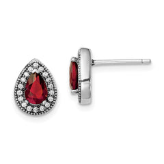 Sterling Silver Rhodium-Plated Red and Clear CZ Post Earrings