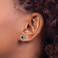 Sterling Silver Polished & Antiqued Textured Onyx Round Post Earrings