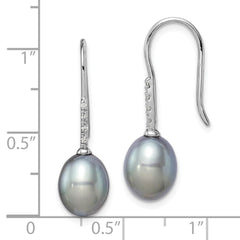 Sterling Silver Rhodium-plated 7-8mm Grey Teardrop Freshwater Cultured Pearl and CZ Dangle Earrings