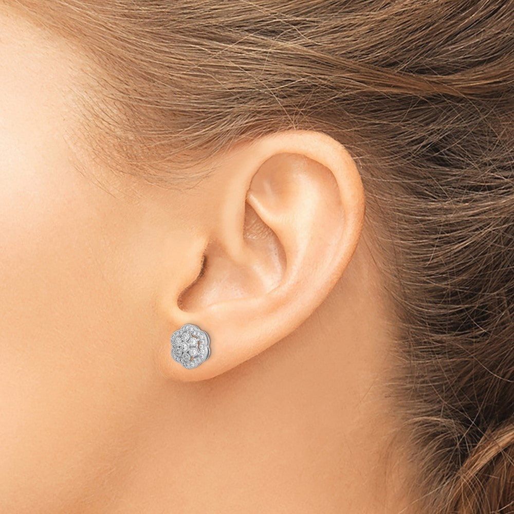 Sterling Silver Rhodium-plated Polished CZ Flower Post Earrings - 2