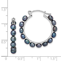 Sterling Silver Rhodium-plated 4-5mm Black Button Freshwater Cultured Pearl Hoop Earrings