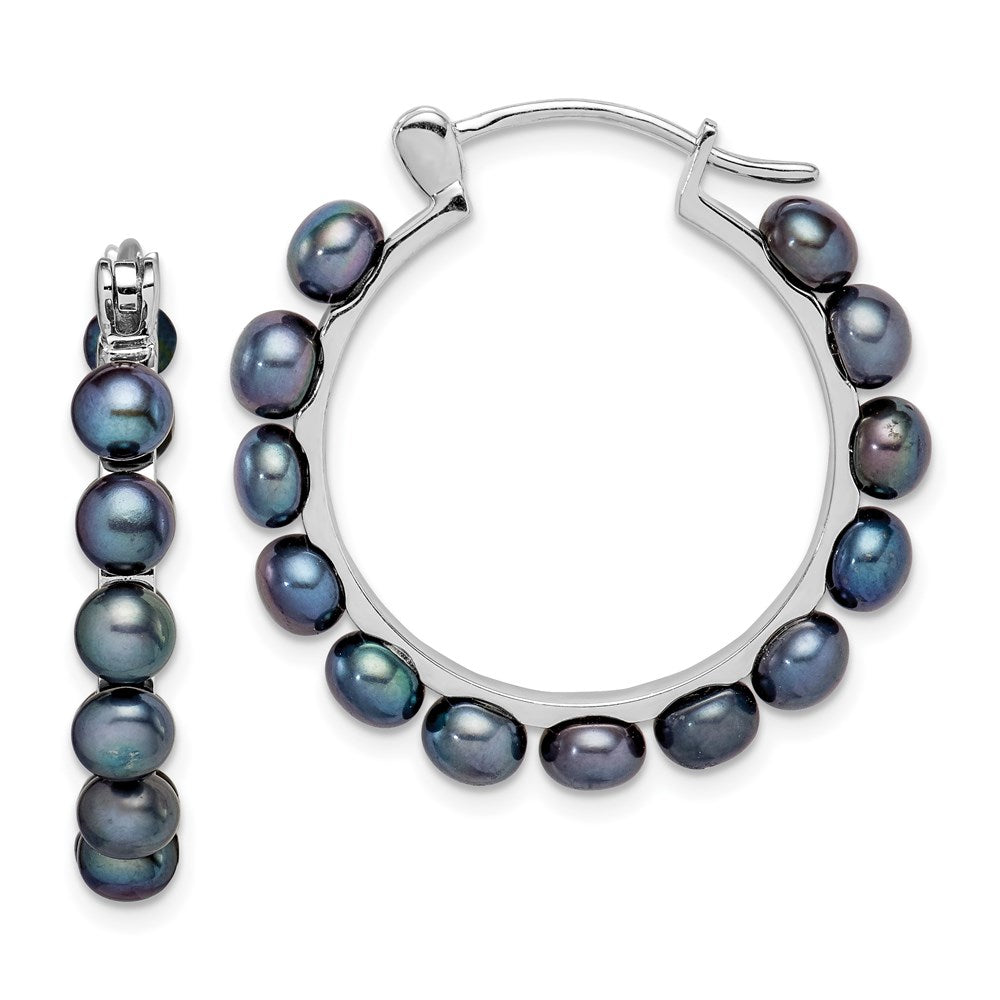 Sterling Silver Rhodium-plated 4-5mm Black Button Freshwater Cultured Pearl Hoop Earrings