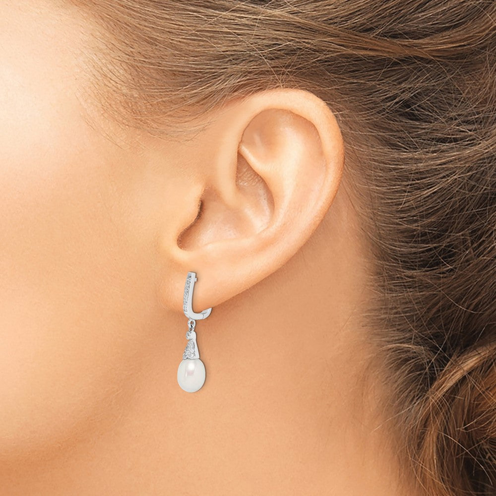 Sterling Silver Rhodium-plated 7-8mm White Rice Freshwater Cultured Pearl and CZ  Dangle Leverback Earrings