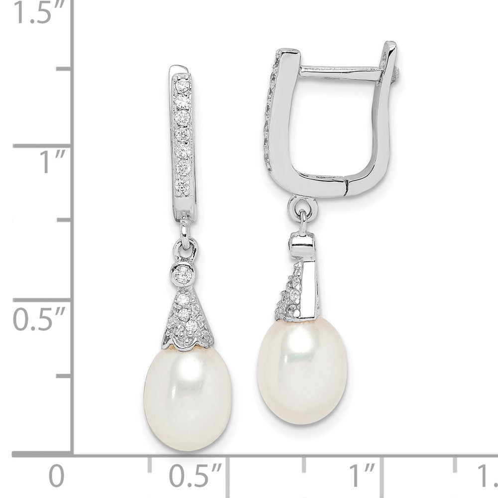 Sterling Silver Rhodium-plated 7-8mm White Rice Freshwater Cultured Pearl and CZ  Dangle Leverback Earrings