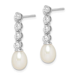 Sterling Silver Rhodium-plated 7-8mm White Rice Freshwater Cultured Pearl and CZ Post Dangle Earrings - 2